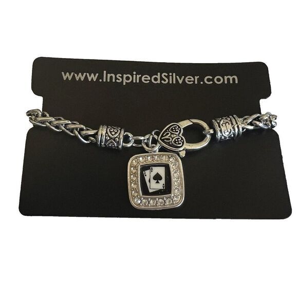 Silver Plated Blackjack Square Charm Braided Bracelet Cubic Zirconia 7.5 in‎ - Picture 12 of 13